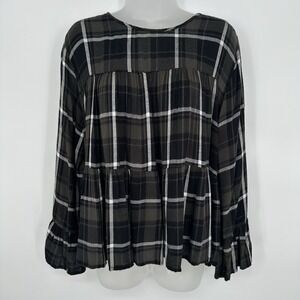 Mudpie Size‎ L Black Brown Plaid Top Holiday Flouncy Ruffle Tiered Keyhole Back